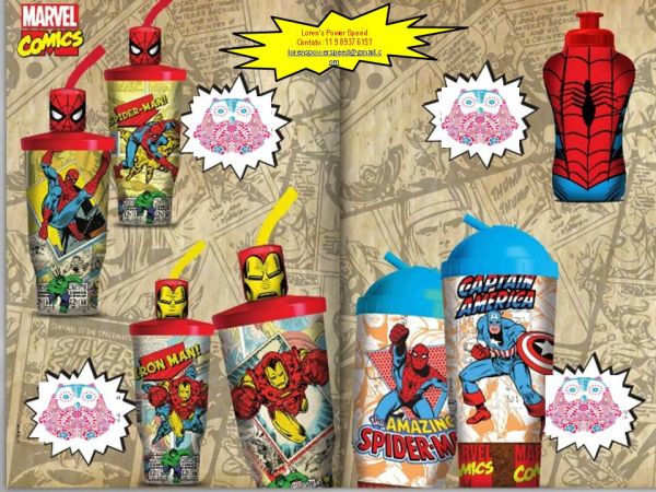 Copo com cabeça Homem Aranha e Homem de Ferro
